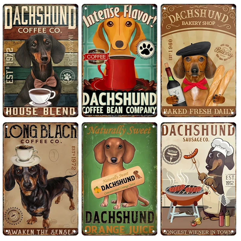 HD Tin Sign Vintage Dachshund Coffee Bar Wall Decor - Retro Funny Wiener Dog Hot Dog Kitchen Art Metal Tin Sign for Pet Lover Ho