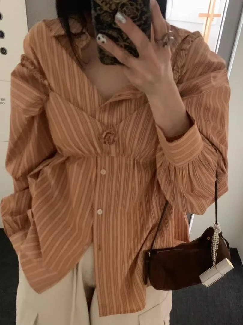 

Ele Ladies irt Two-Piece Set Striped Faionable Versatile Single-Button Korean Sle Loose Fit Long Sve Women's Top