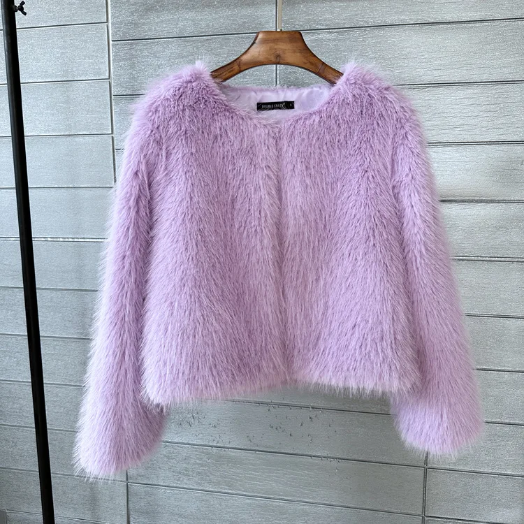 Women Imitation Faux Fur Coat Solid Color Plush Warm Jacket Loose Slim Fit Long Sleeve Thick Cardigan High Street 2023 Autumn