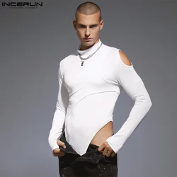 2024 Men Bodysuits Solid Hollow Out Sexy Turtleneck Streetwear Long Sleeve Male Rompers Fashion Irregular Bodysuit INCERUN S-3XL