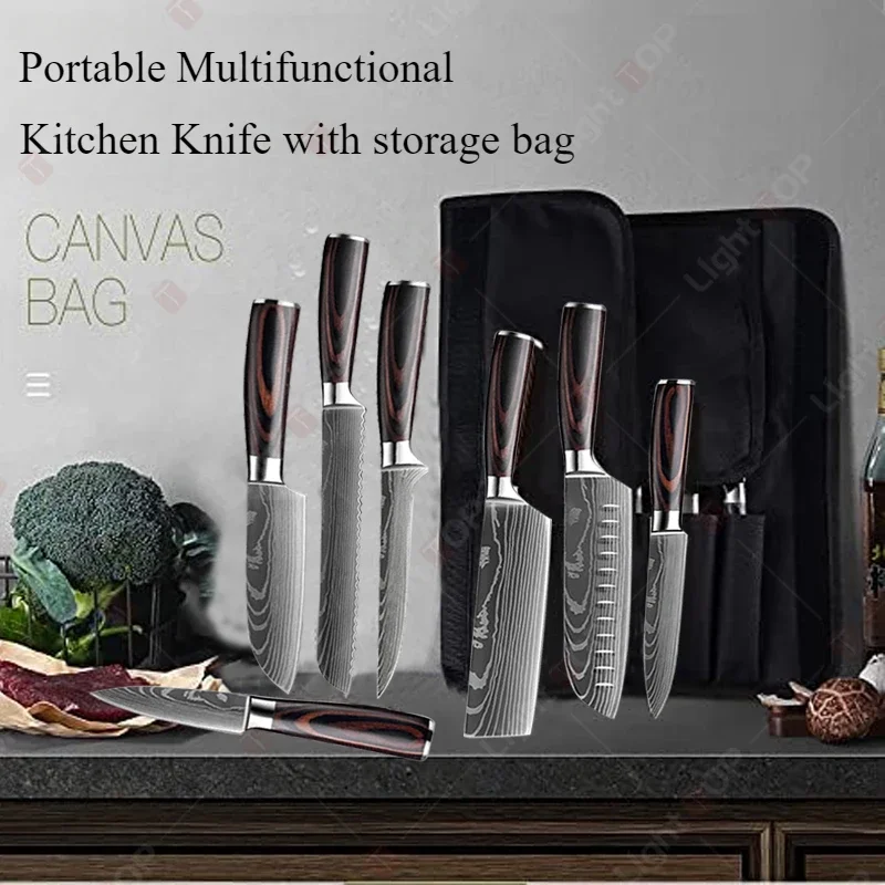 WXCOO Damascus Laser Kitchen Knives Set Japanese Professional Boning Knife Utility Knife Fruit Peeler with Storage Bag Santoku