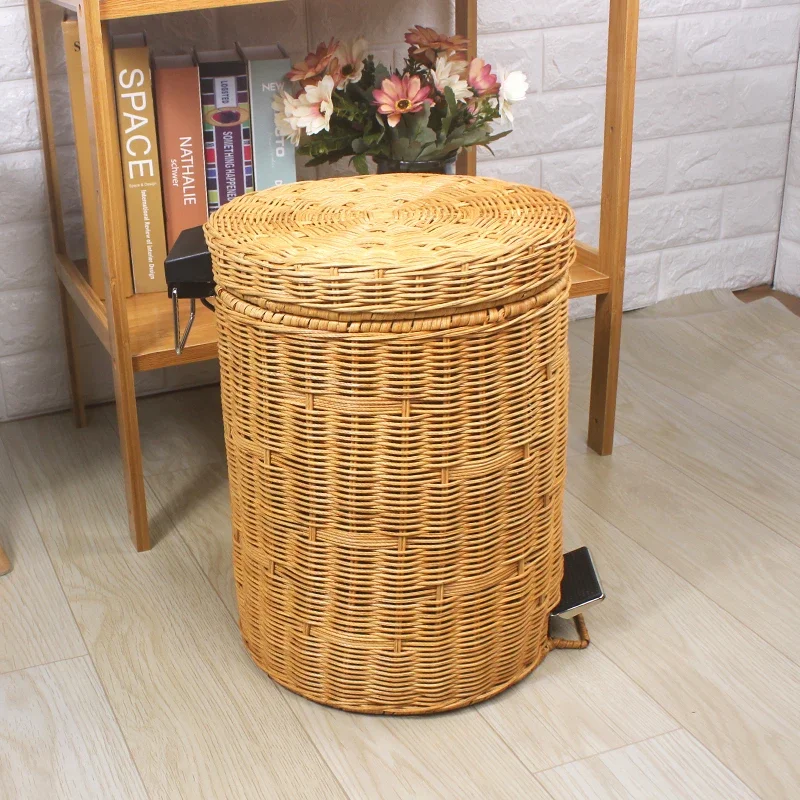 Rattan circular trash can creative, simple, Nordic style with cover foot-operated hotel living room bedroom paper basket househo
