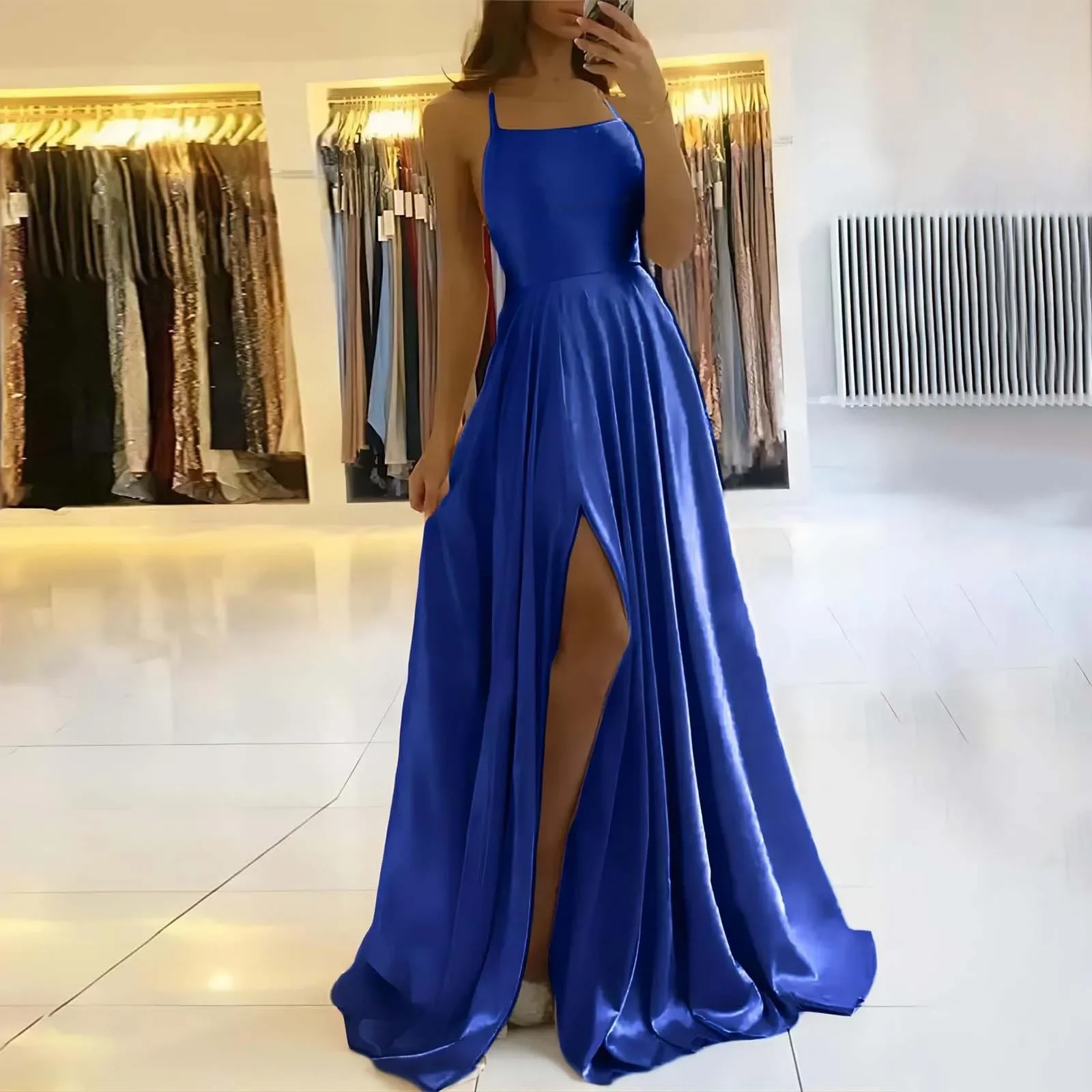 Mulheres elegantes maxi praia vestido de cetim sexy perna fenda rendas até vestidos de baile de noite alças ajustáveis vestidos de dama de honra vestido de noite
