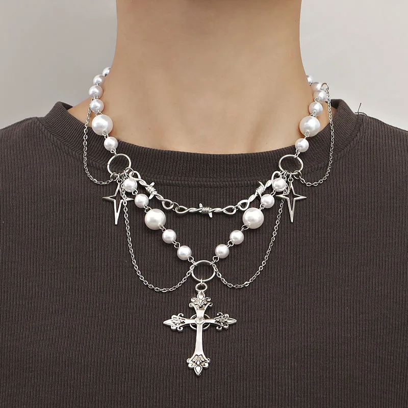 Vintage Gothic Cross Rosary Necklaces Women Punk Layered Chain Charm Handmade Sacred Pearl Beaded Choker Necklace Girl Gifts