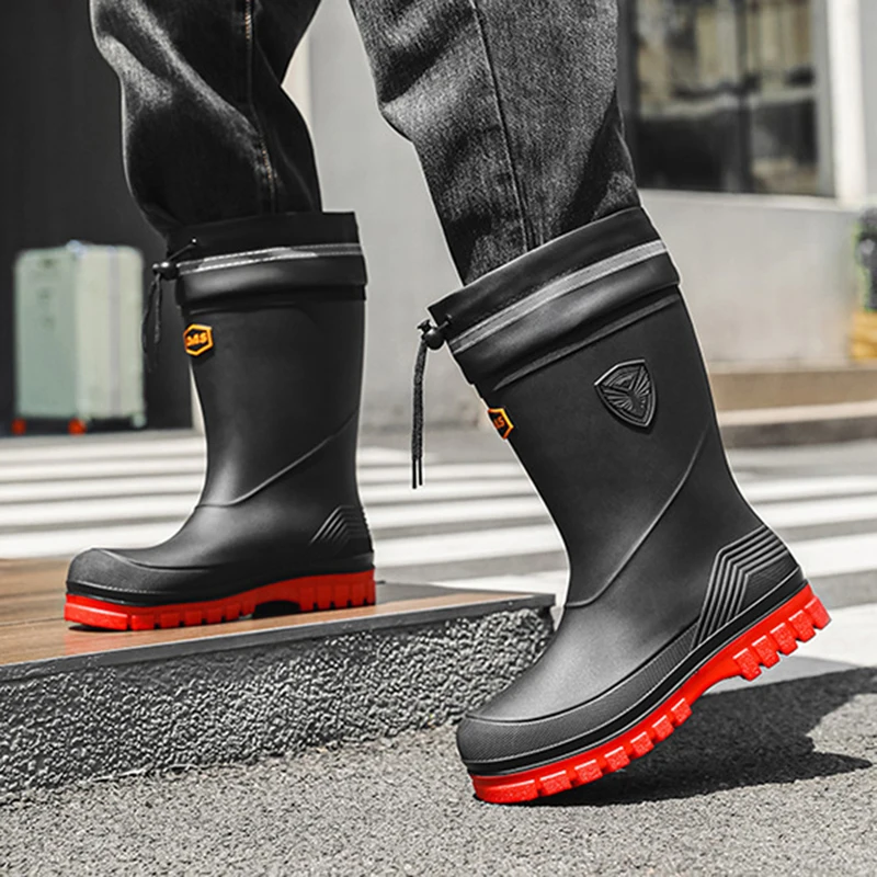 New Thick-soled Mid-tube Rain Boots Men\'s Non-slip Waterproof Shoes Fashionable Outdoor Water Boots Warm Rain Boots Rubber Shoes