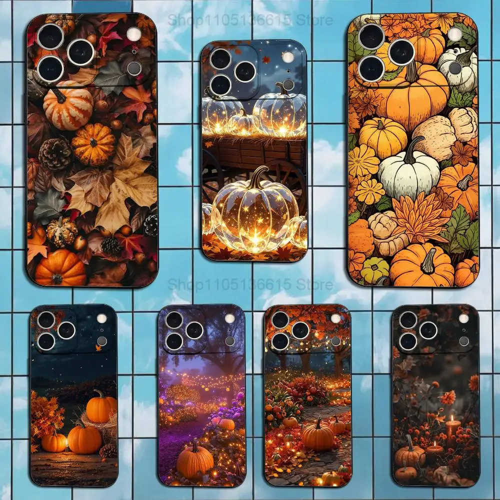 حافظة أوراق الخريف على شكل يقطين لهاتف آيفون 17,16,15,14,13,12,11 Air,Plus,Pro Max,XS,X,XR,SE,Mini,8,7,غطاء أسود من السيليكون الناعم #1