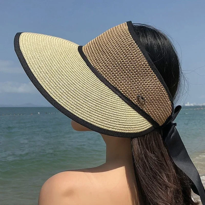 

Summer Womens Straw Hats Bow Bandage Sombrero Playa Oversized Beach Cap Fedora Hat for Women Large Wide Brim Sun Empty Top Hat