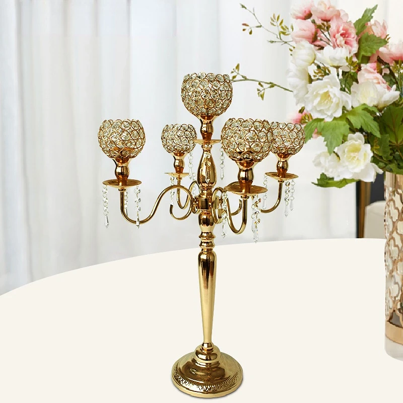 

European Elegant New Tall 5 Arms Wedding Gold Crystal Candelabra Party Birthday Anniversary Banquet Decoration Centerpiece Gift