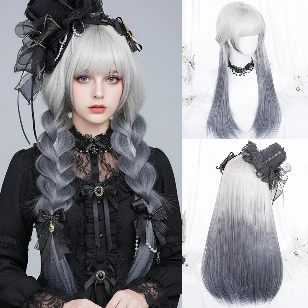 

Женский длинный прямой синтетический градиентный фиолетово-серый парик с челкой, парик для косплея для Лолиты, парики для Хэллоуина, термостойкие