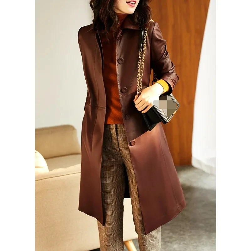New in Jackets Genuine Leather Sheepskin Jacket Long Styles Lace Up Single Breasted Lapels Tops Spring Autumn Women's Jackets