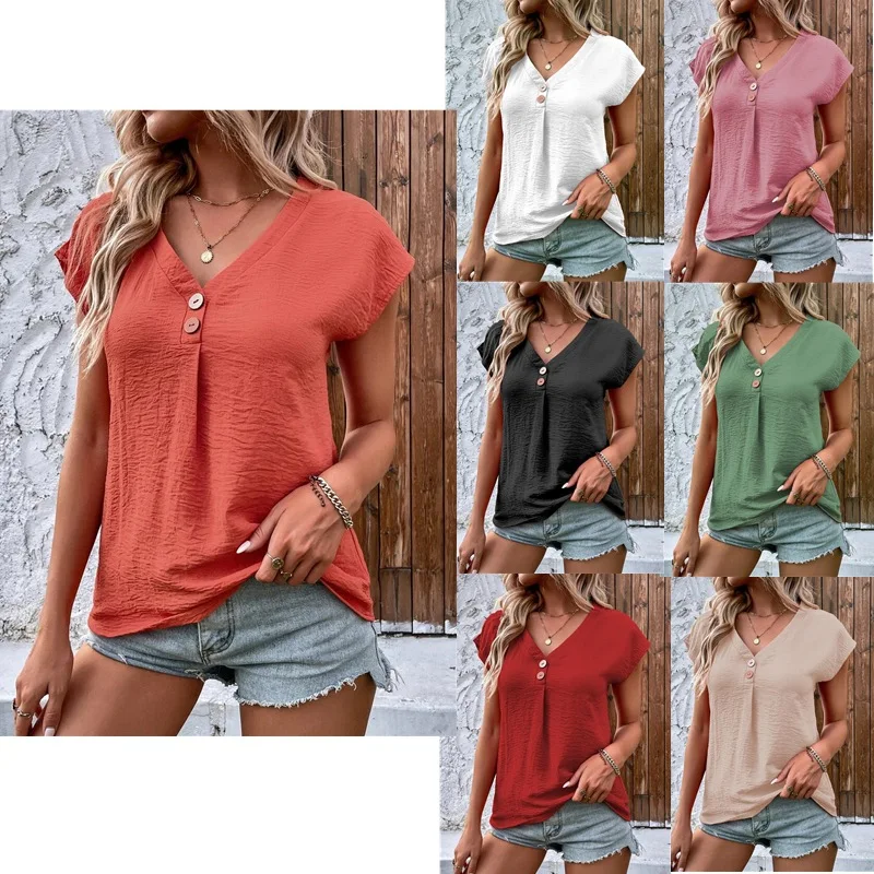 Army Green Casual Women\'s Blouse 2024 Summer Loose V-neck Button Tops Bat Sleeves Women Solid Short Sleeve Shirt  S-XXL