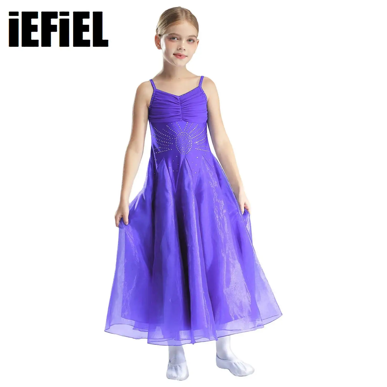 

Kids Girls Ballroom Dance Dress Performance Costume V Neck Spaghetti Straps Wide Hemline Glittery Rhinestones Flared Dress