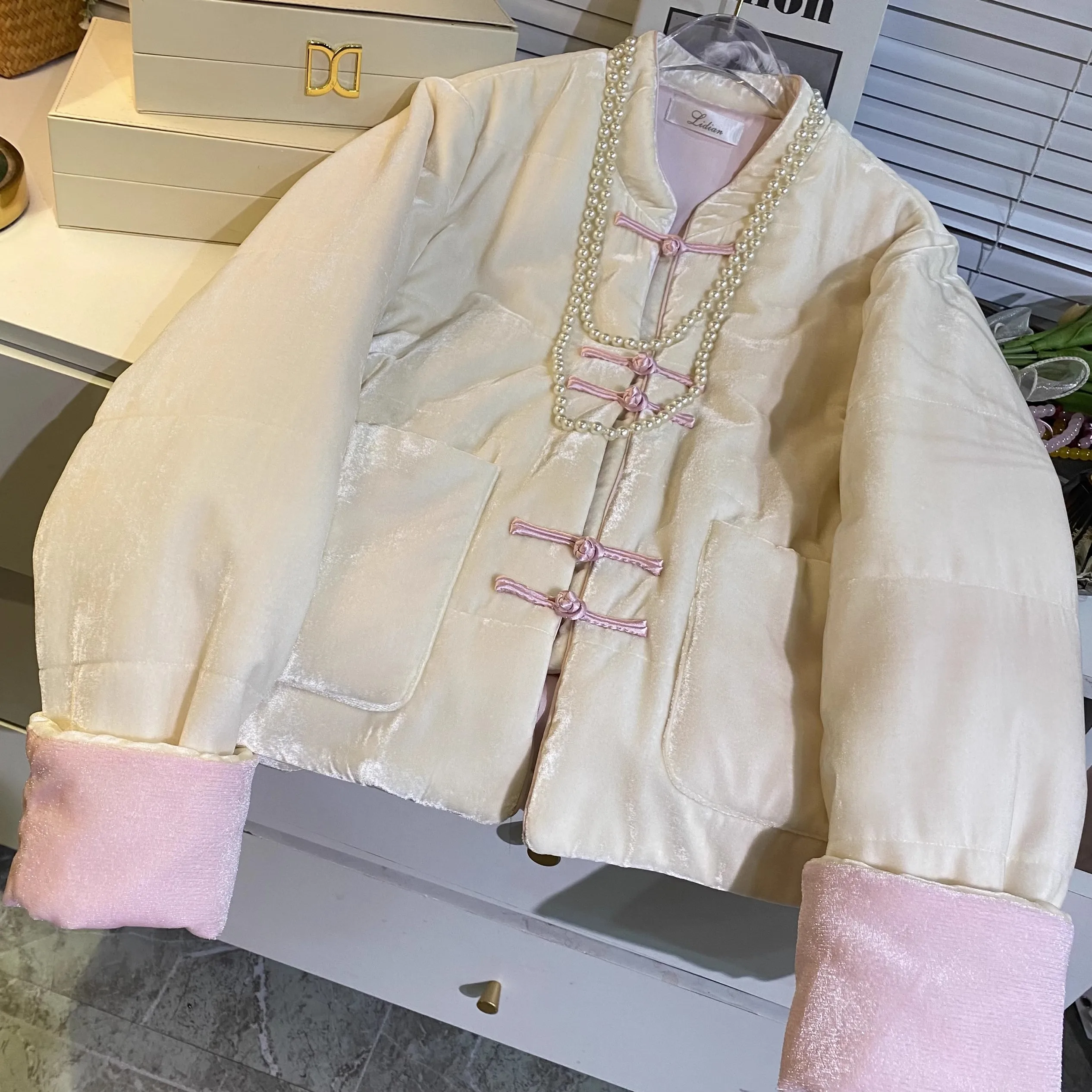 여성용 티엔드 코튼 패딩 자켓 빈티지 벨벳 루즈 아우터웨어 겨울 신상 스플라이싱 레트로 올매치 중국 스타일