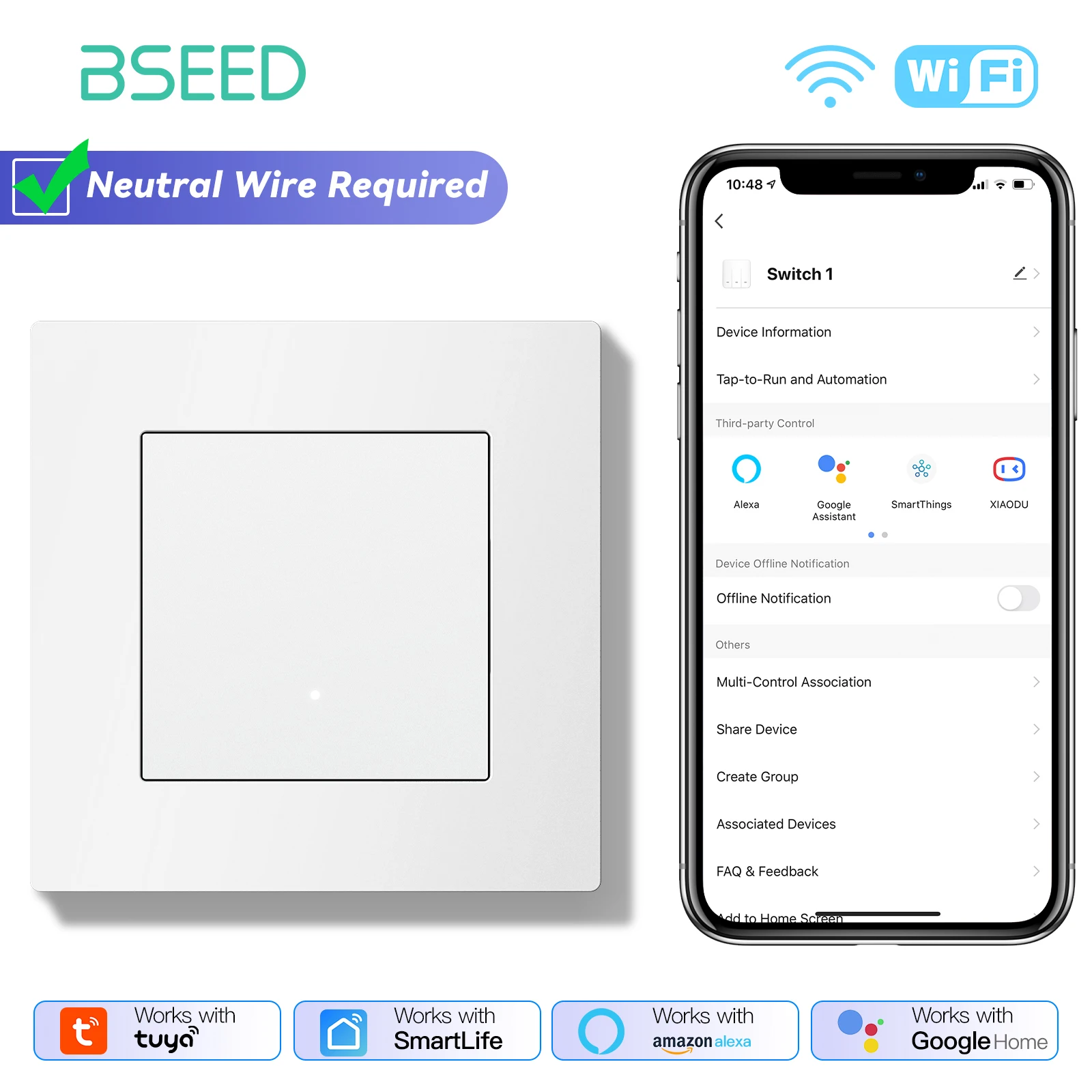 BSEED WLAN-Klickschalter 1-fach Wand-Smart-Klick-Lichtschalter aus Kunststoff mit gelber Hintergrundbeleuchtung, weißem Kunststoffrahmen, EU-Standard, Tuya APP-Schalter