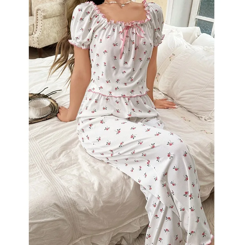 Nuevo conjunto de ropa para el hogar para mujer de invierno, pantalones largos de manga corta, ropa para el hogar estilo princesa dulce para niña, conjunto de dos piezas a la moda