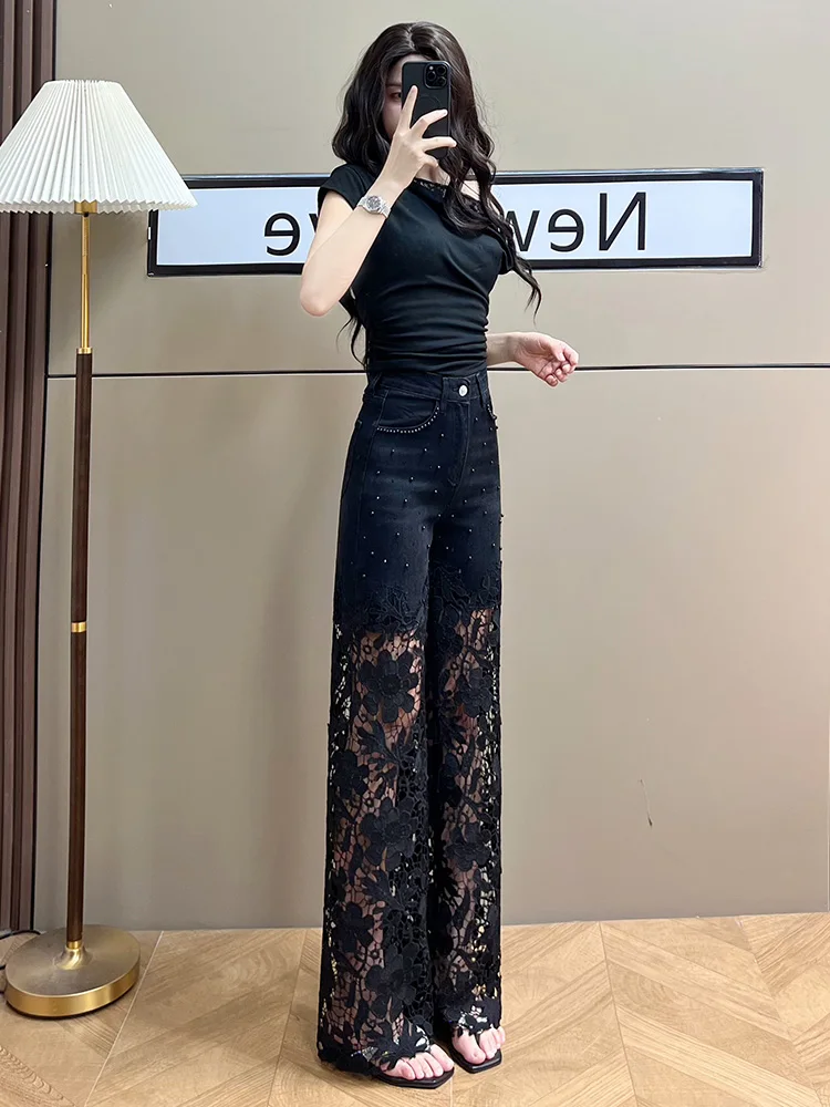 2025 여성 패치워크 진주 레이스 속이 비치는 바지 봄 여름 솔리드 컬러 하이웨이스트 와이드 레그 팬츠 여성 스트레이트 트라우저