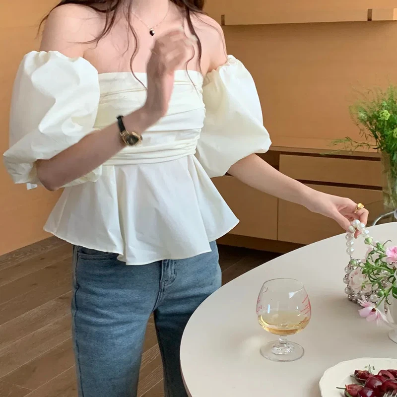 Straight Neck Loose Doll Off Shoulder Top Shirt Trendy Puff Sleeve Solid Korean Style Summer New Fashion Sweet Women Clothing