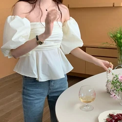 Straight Neck Loose Doll Off Shoulder Top Shirt Trendy Puff Sleeve Solid Korean Style Summer New Fashion Sweet Women Clothing