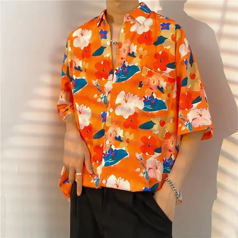 

Summer Men's Vintage Short Sleeve Floral Shirt Loose Fitting Versatile Handsome Hawaiian Beach Casual Print Shirt Coat