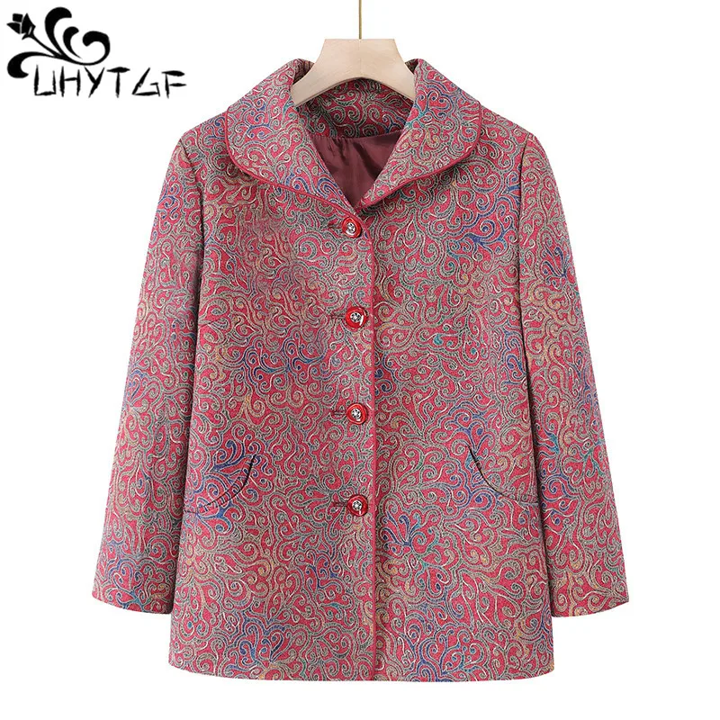 

UHYTGF Jacket Spring Woman 2023 Printing Single Breasted Grandma Autumn Coat Female Casual Thin 5XL Large Size Outerwear 2634