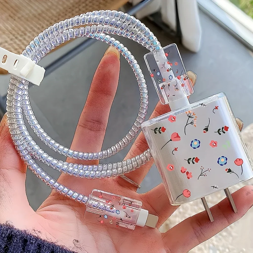 5pcs/set Hybrid Floral Charger Protector For iPhone 20w Charger Cable Management Wire Organizer Silicone Cable Organizer
