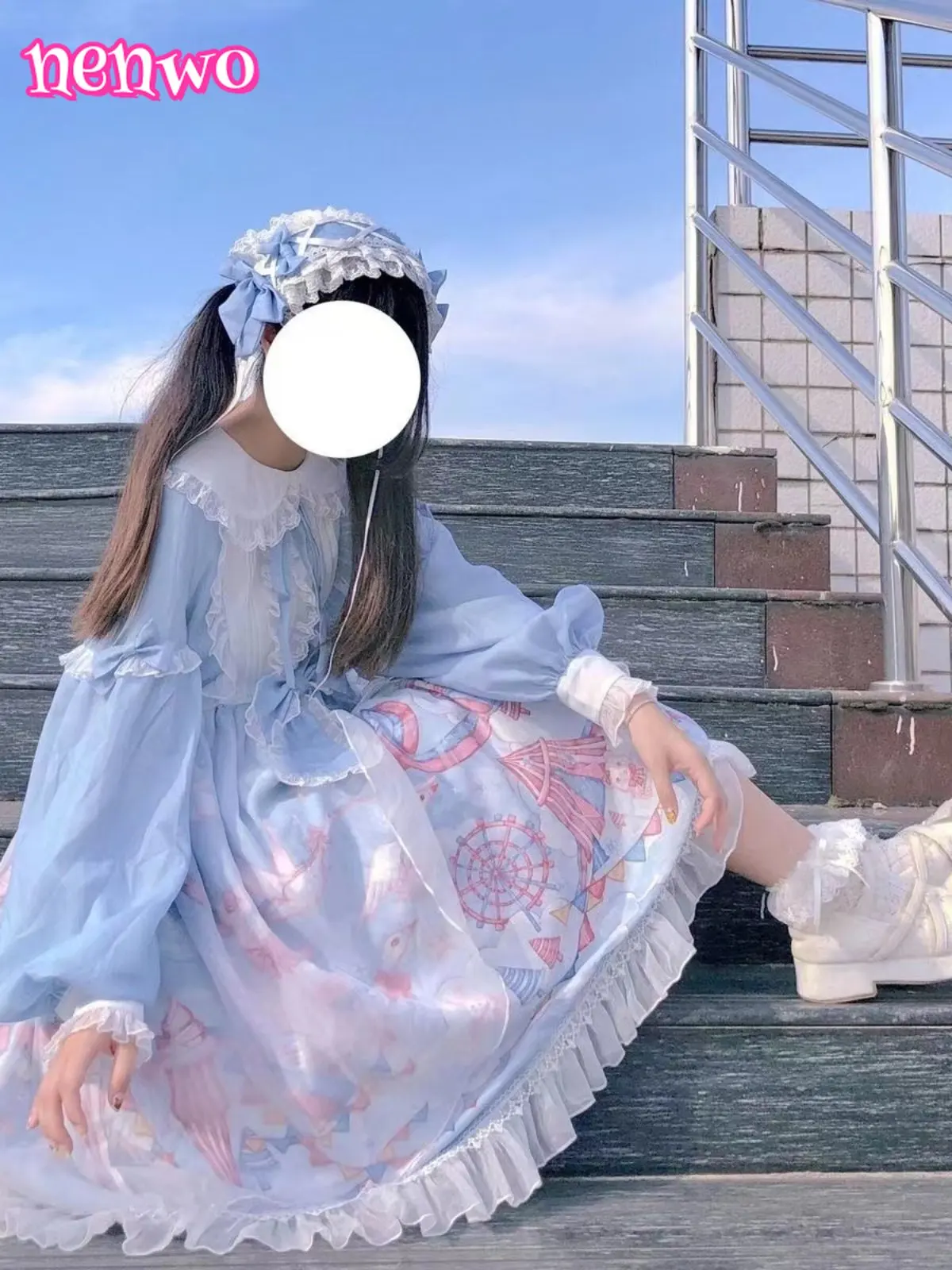 

Японский стиль Харадзюку ​ ​ Лолита Мода ​ ​ Кружевное платье принцессы с рюшами и принтом для девочек, пышное бальное платье длиной до колена с длинными рукавами