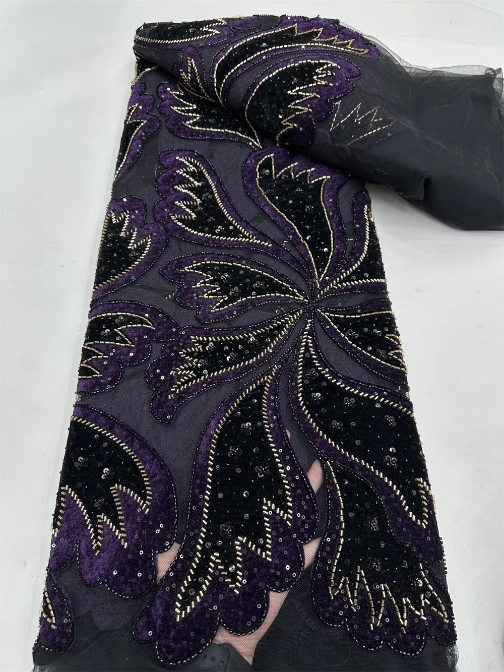 Luxurious African Beaded Velvet Mesh Lace Fabric 2025 with Sequins French Tulle High Quality for Nigerian Wedding Party Dresses