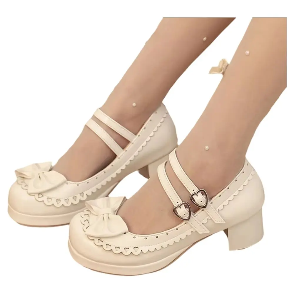 Sweet Gothic Lolita Mary Jane Shoes Women Patent Leather Color Block Bow Laser Cut Platform Mid Block Heel Pumps Plus Size
