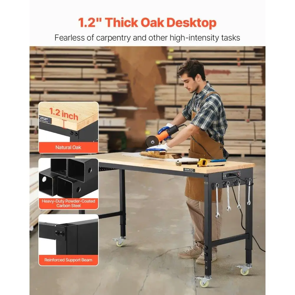 Adjustable Height Rolling Workbench with Power Outlet and Pegboard Storage 60 Inch Portable Workshop Table