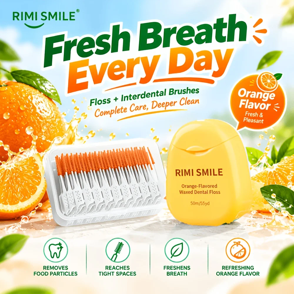 RIMI SMILE Orange Wax Floss & Interdental Brush Set, Portable Case, Break-resistant Floss, Soft Interdental Cleaners Home Travel