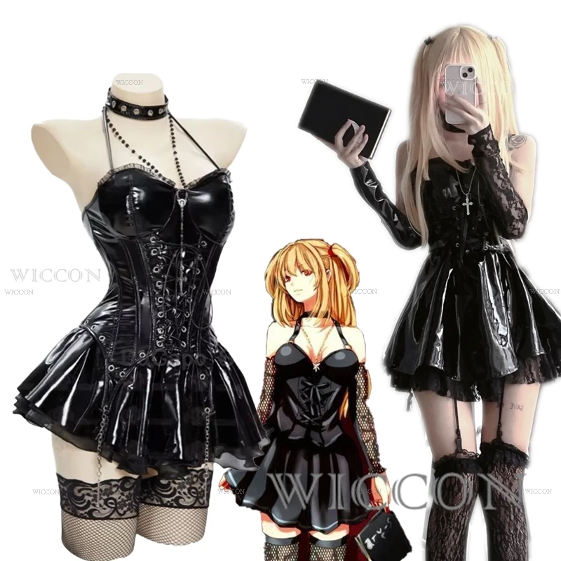 

In Stock Miss Misa Halloween Gothic Black Lace-up Corset Top Skirt With Net Stockings And Sleeves Cosplay Costume And Wig