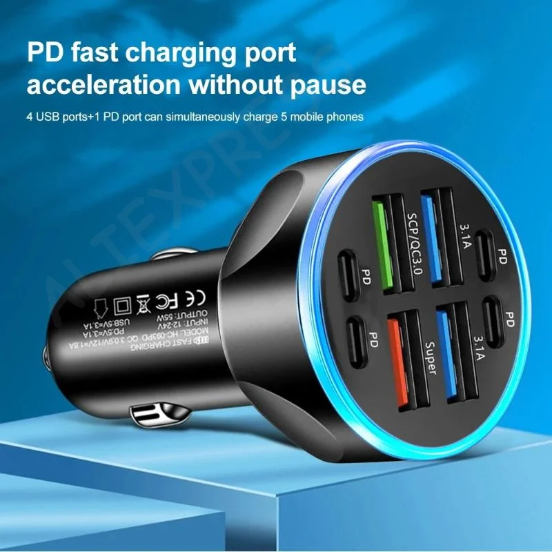 

New100W 8 Ports Car Charger Fast Charging PD QC3.0 USB C Car Phone Charger