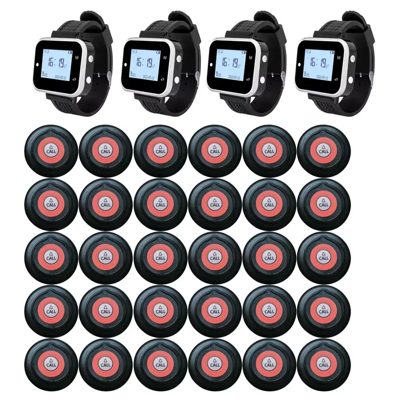 QWICALL  30 Button 4 Watch Pager Wireless Calling System Call Transmitter Paging for Restaurant Cafe Waiter Service Bell Buzzer