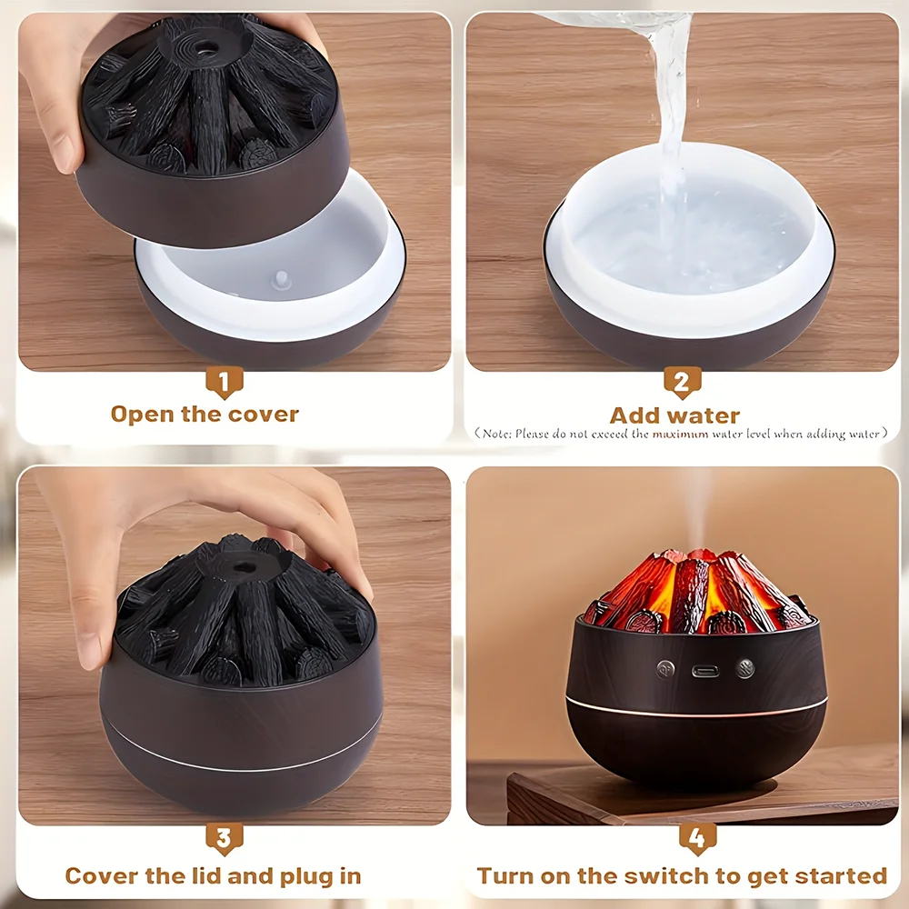 Simulated Charcoal Flame Humidifier Ultrasonic Silent Dual Mist Mode Essential Oil Aromatherapy Diffuser with Night Light