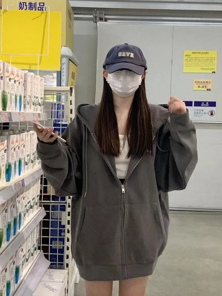Sweat-shirt surdimensionné pour femmes, décontracté, coréen, manches longues, capuche, fermeture éclair, Y2k, Streetwear, Harajuku, vêtements féminins, noir, automne
