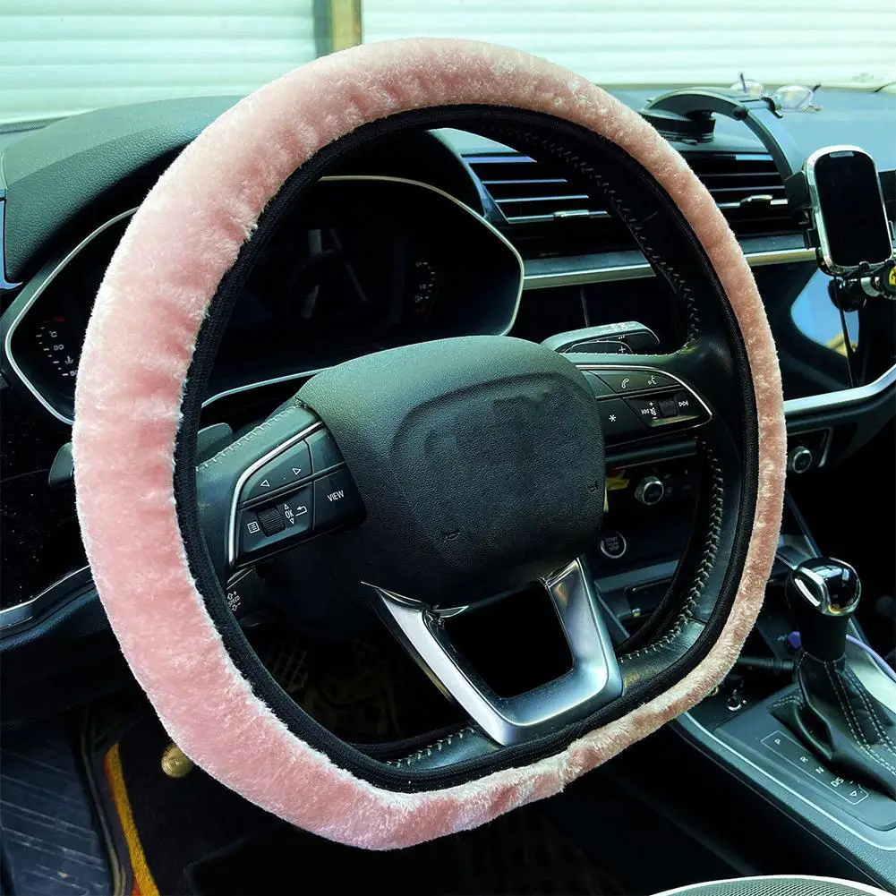 38cm Premium Soft Short Fur Car Steering Wheel Cover High-density Warm Plush Winter Steering Wheel Protector Cover Accessories