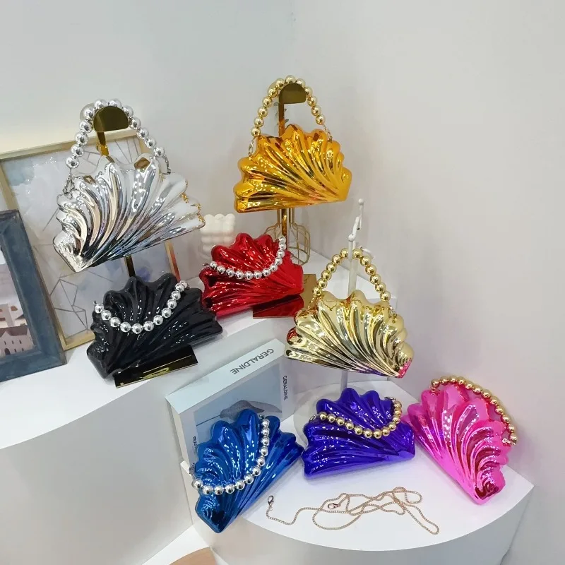 

Fashionable Shell Shaped Pearl Handbag Glossy Acrylic Women's Shoulder Bag Party Decoration Diagonal Crossbody Bag