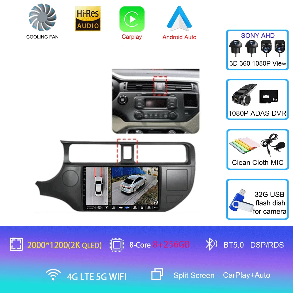 Android 16 Carplay Auto voor Kia RIO 4 K3 2011 2012 2013 - 2017 autoradio multimediaspeler navigatie GPS geen 2Din 2 Din