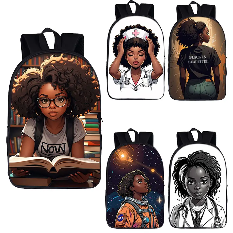 

Afro Black Nurse Girl King Reading / Play Guitar Violin Print Backpack Women Laptop Bags Children School Bags Teenager Bookbag