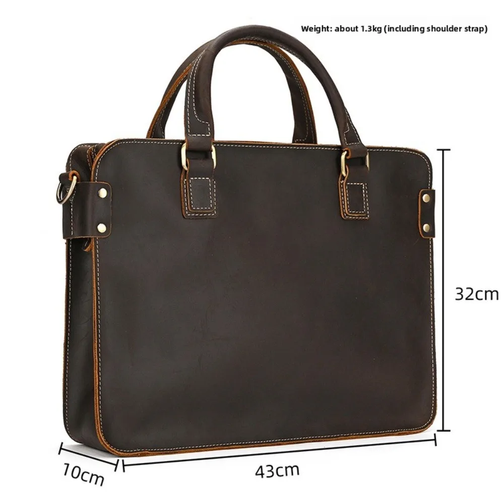 Retro Briefcase 14 Inch Computer First Premium Simple Layer Cowhide Handbag Shoulder Messenger Versatile  Commuter Business Bag