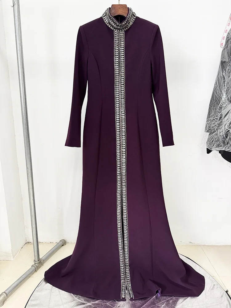 High street mais recente moda 2025 designer festa feminina manga curta gola alta luxuoso diamantes frisado longo maxi vestido