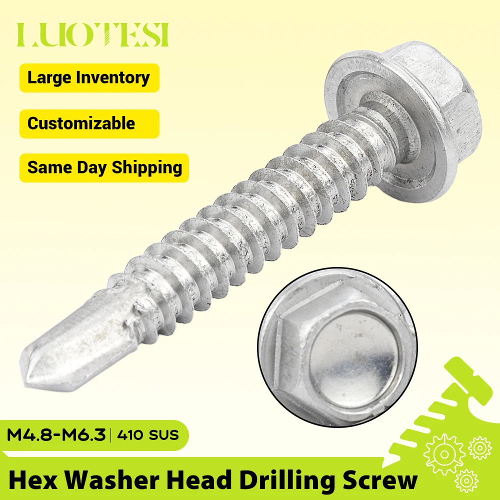 Vis autoperceuses à tête hexagonale en acier inoxydable 410 M4.8 M5.5 M6.3 # 10 # 12 # 14 vis autotaraudeuses pour tôles métalliques TEK