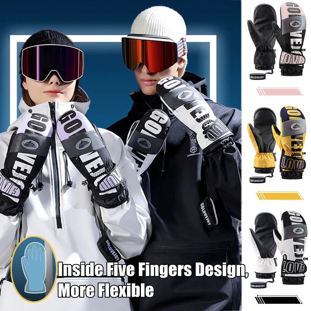 

New Winter Warm Print Casual Windproof Waterproof Skiing Gloves Outdoor Sports Snow Ski Glove Cold Inside Five Fingers Mitten