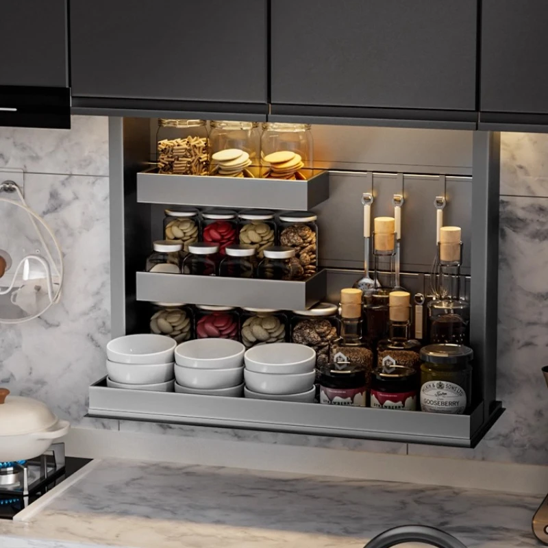 Kitchen electric lift basket intelligent voice touch cabinet vertical hanging cabinet pull-down seasoning basket lift