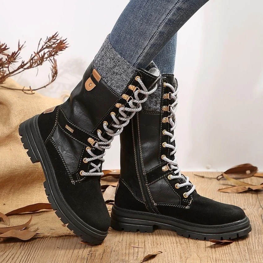 

2025 Black Boots Women Shoes Knee High Women Casual Vintage Retro Mid-Calf Boots Lace Up Thick Heels Shoes Plus Size 40 41 42 43