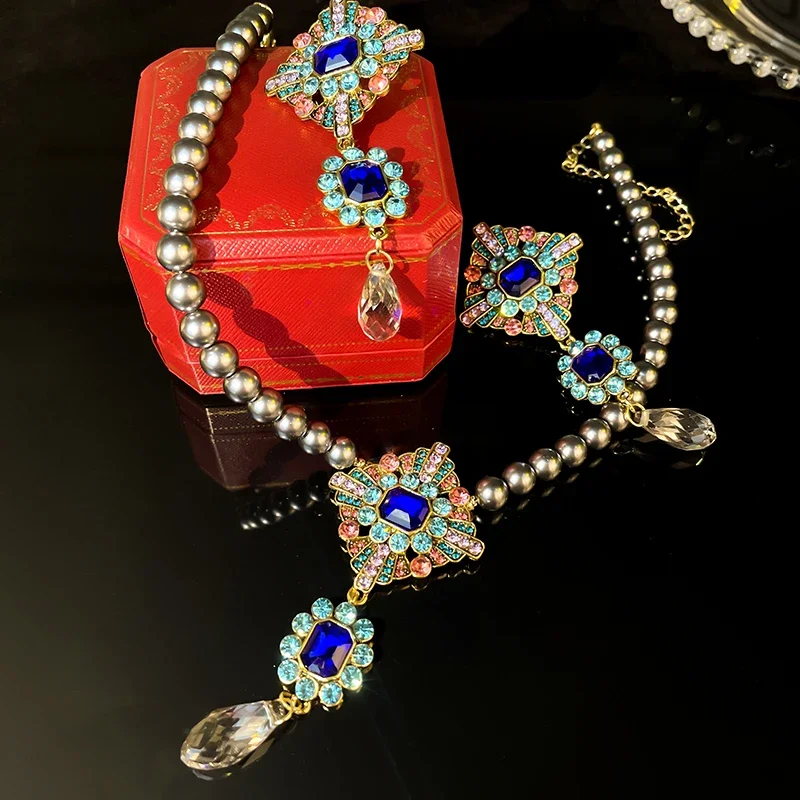 Vintage Baroque Pearl Crystal Necklace Drop Earrings set For Women Geometric Colourful Banquet Jewelry Sets