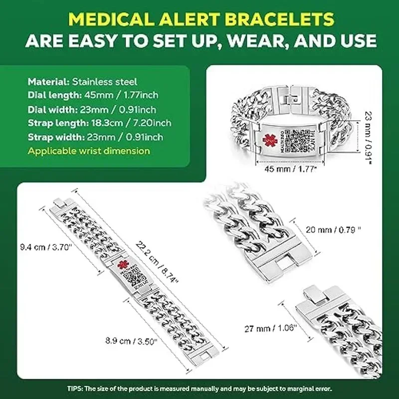 QR Code Emergency Medical Alarm ID Wristband Double-layer Bracelet Drip Red Oil Stainless Steel Curved Plate Trendy Men Jewelry