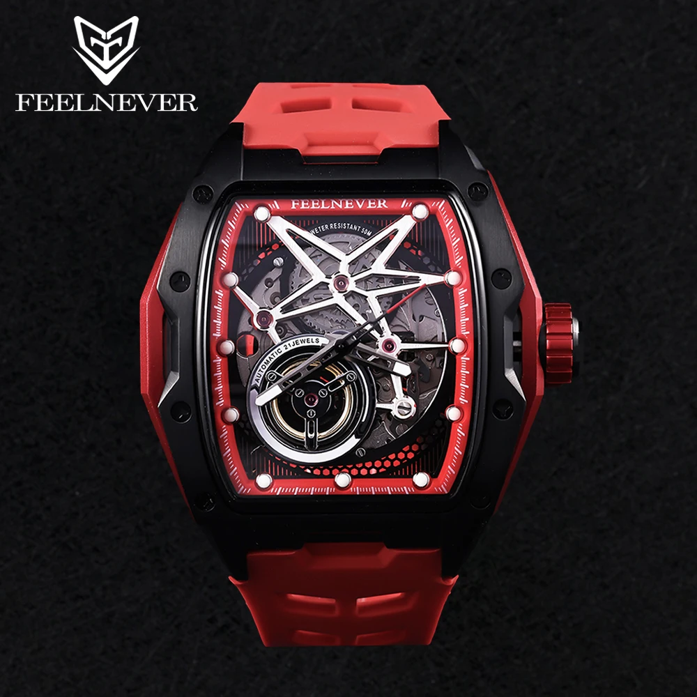 

FEELNEVER Classic Skeleton Men Automatic Mechanical Watch Silicone Strap Luxury Sapphire Crystal Waterproof 3C Lume reloj hombre