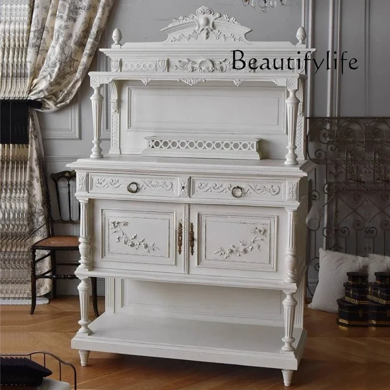 

French white retro side cabinet small apartment solid wood carving flower rack restaurant dish cabinet wall locker
