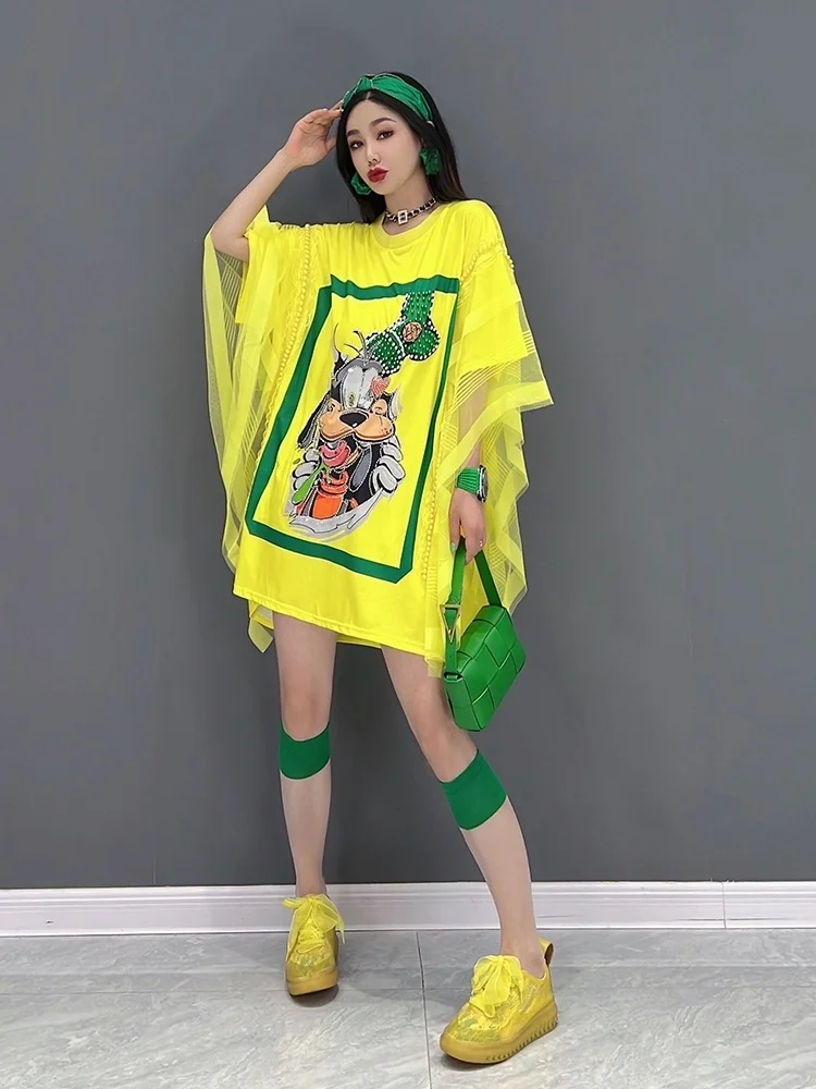 Vefadisa 2024 Summer New Fashion T-shirt Mesh Splice Loose Print Casual Women Wear Yellow And White Trendy Girl T-shirt ZY488